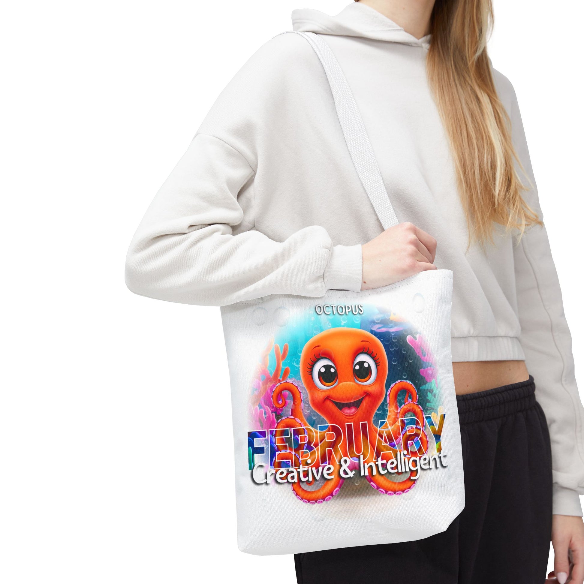 Kids birth month beach tote bag with colorful February octopus design and creative text