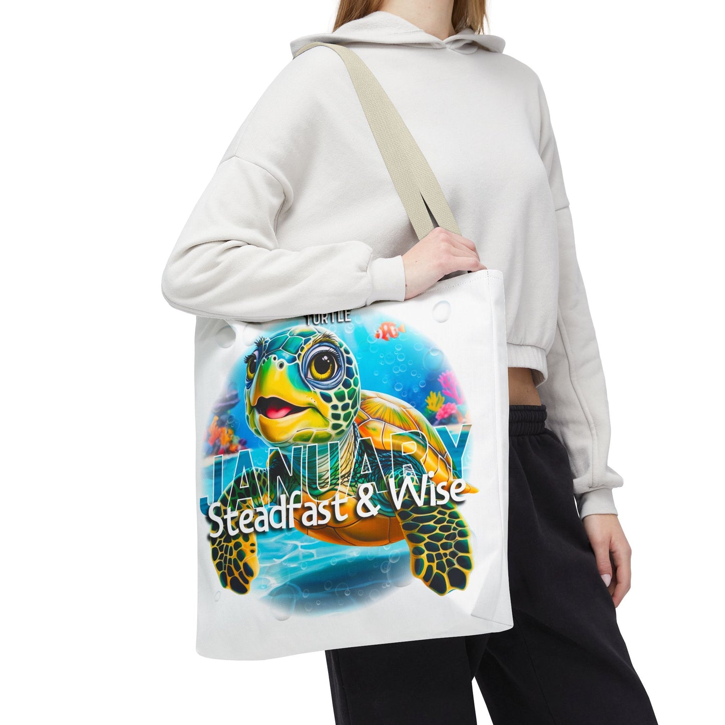 Kids birth month beach tote bag with colorful January turtle design and steady wise text