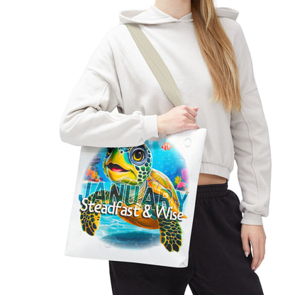 Kids birth month beach tote bag with colorful January turtle design and steadfast wise text