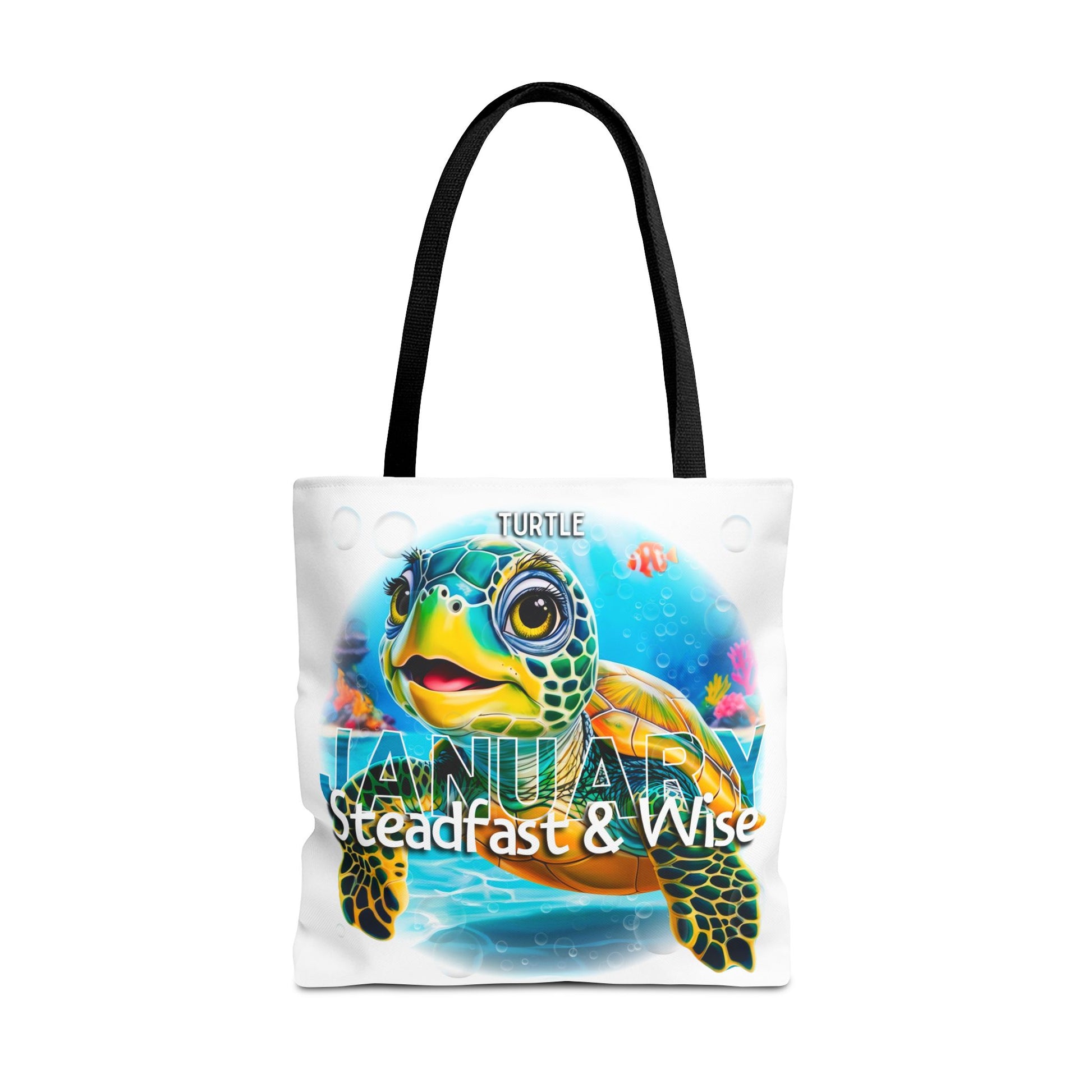Kids birth month beach tote bag featuring a colorful January turtle design with steadfast and wise text