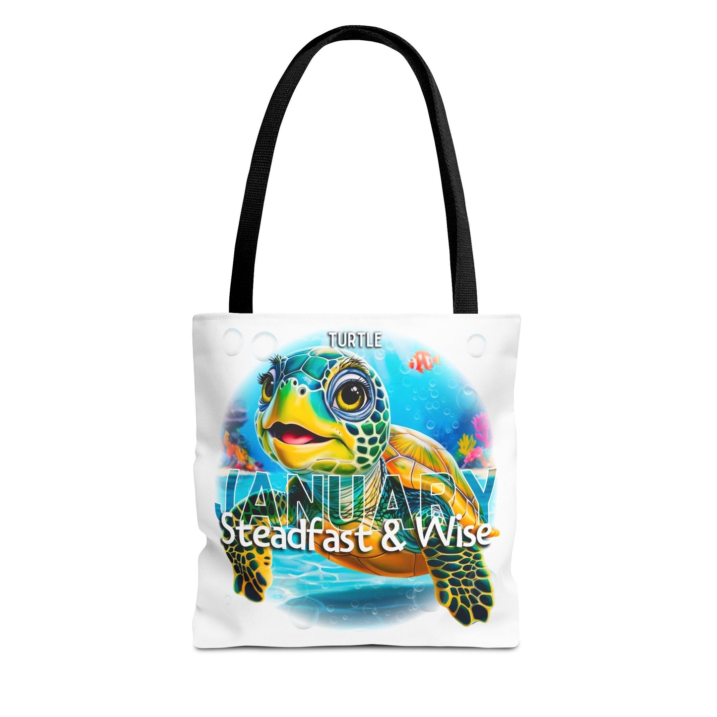 Kids birth month beach tote bag featuring a colorful turtle design for January with steadfast and wise text