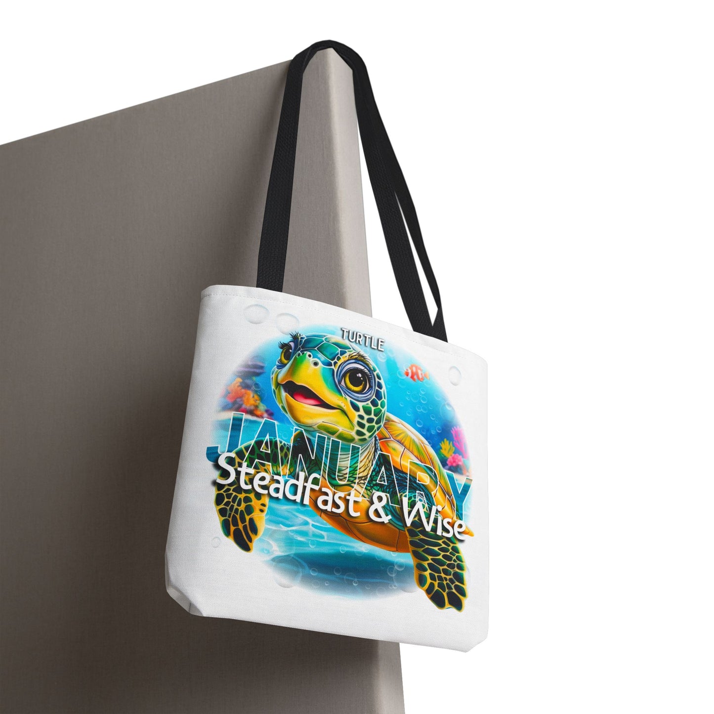 Kids birth month beach tote bag featuring January turtle design with steadfast and wise text