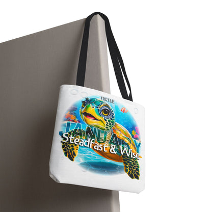 Kids birth month beach tote bag with colorful turtle design for January
