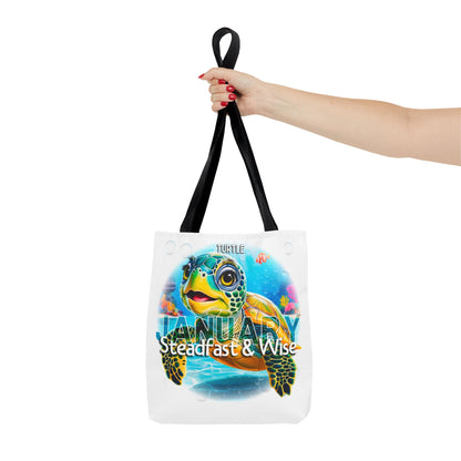 Kids birth month beach tote bag with January turtle design and black handles