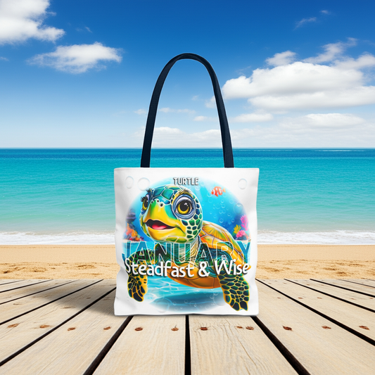 Kids birth month beach tote bag with colorful turtle design and January text on ocean background