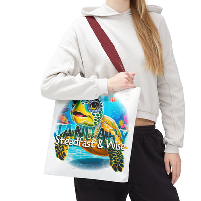 Kids birth month beach tote bag featuring colorful January turtle design with steadfast and wise text