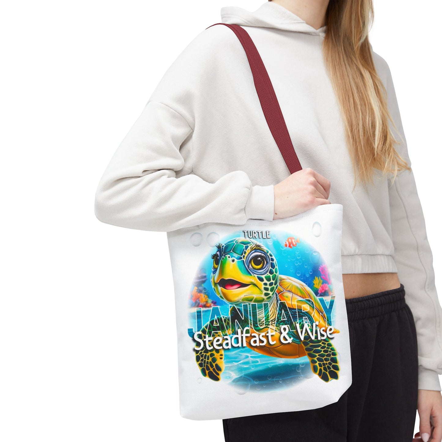 Kids birth month beach tote bag with January turtle design and sturdy red strap
