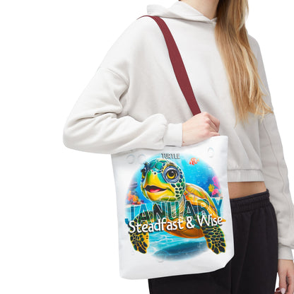 Kids birth month beach tote bag with January turtle design and sturdy red strap