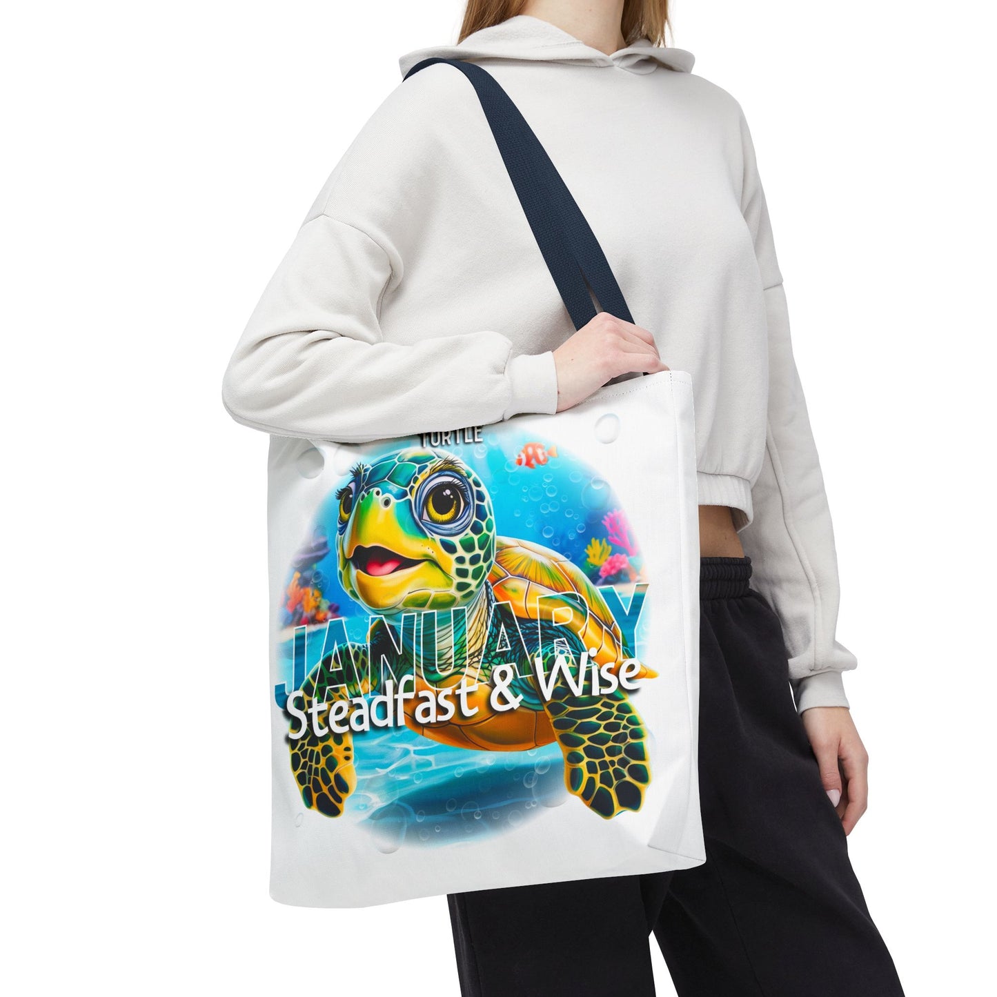 Kids birth month beach tote bag with colorful January turtle design and black strap
