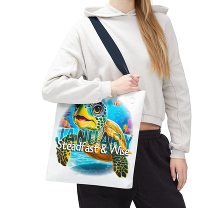 Kids birth month beach tote bag with January turtle design and steadfast and wise text