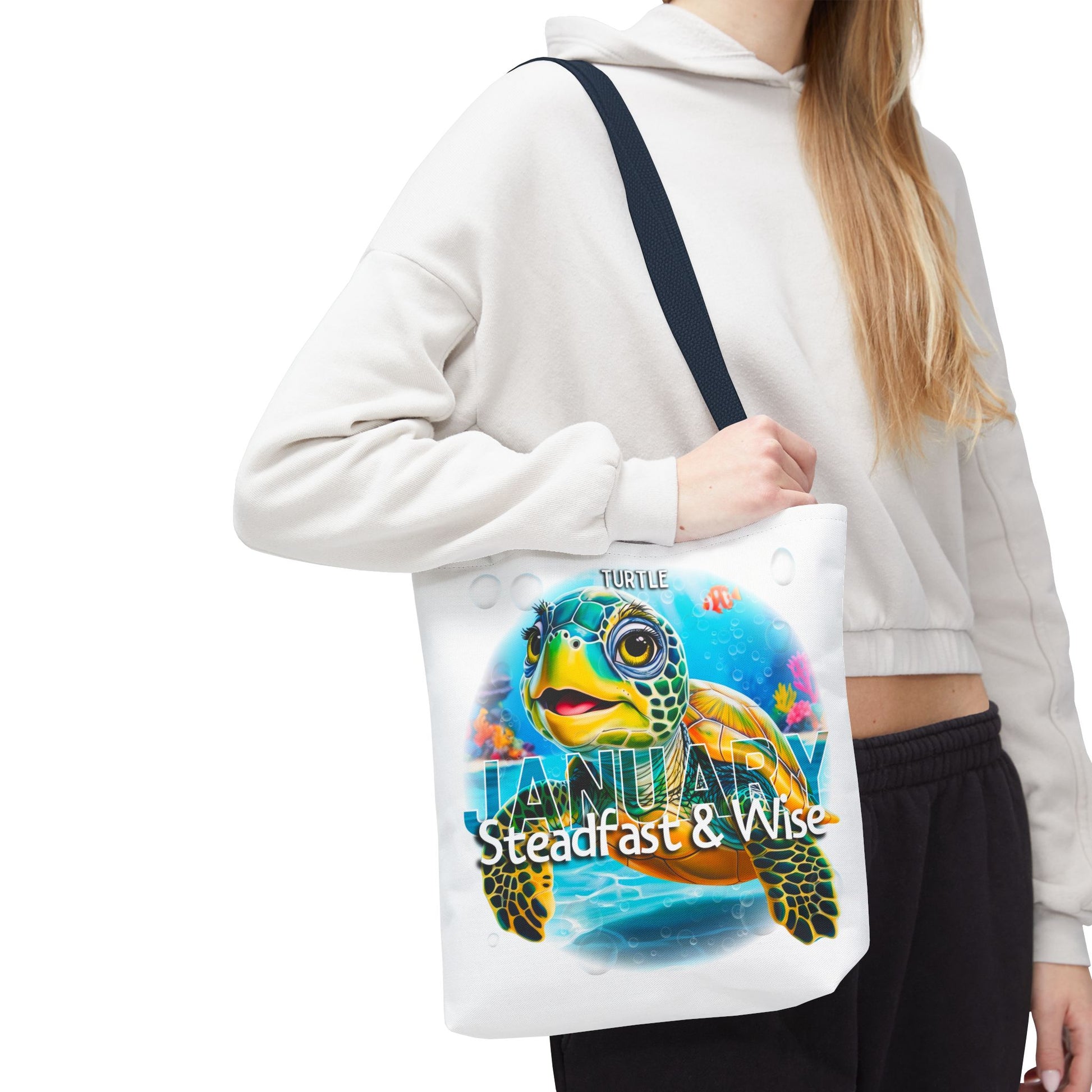 Kids birth month beach tote bag with January turtle design and steadfast wise text