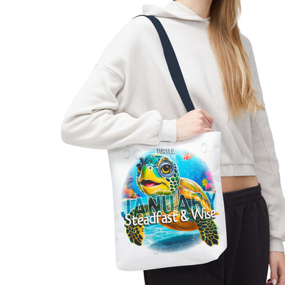 Kids birth month beach tote bag with January turtle design and steadfast wise text