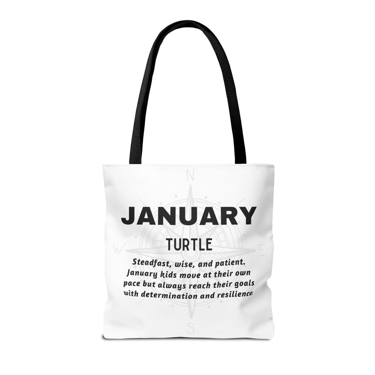 Kids birth month beach tote bag with January turtle design and motivational text