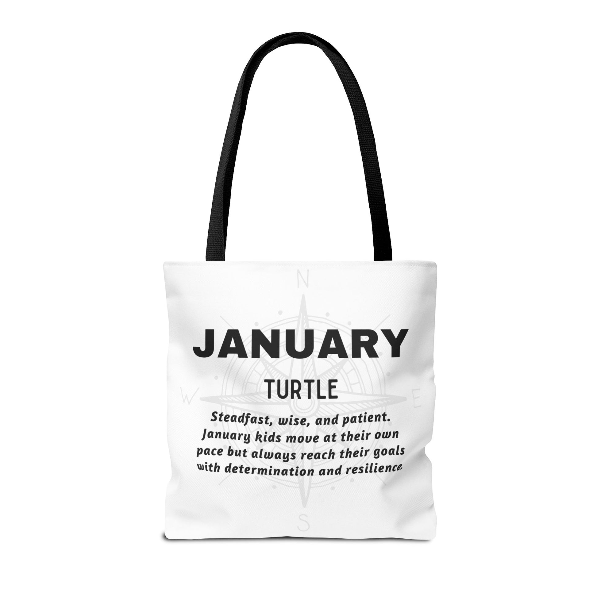 Kids birth month beach tote bag with January turtle design and motivational text