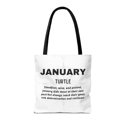 Kids birth month beach tote bag with January turtle design and motivational text