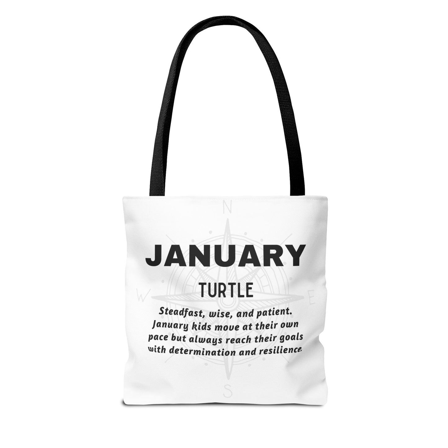 Kids birth month beach tote bag featuring January turtle design with motivational traits