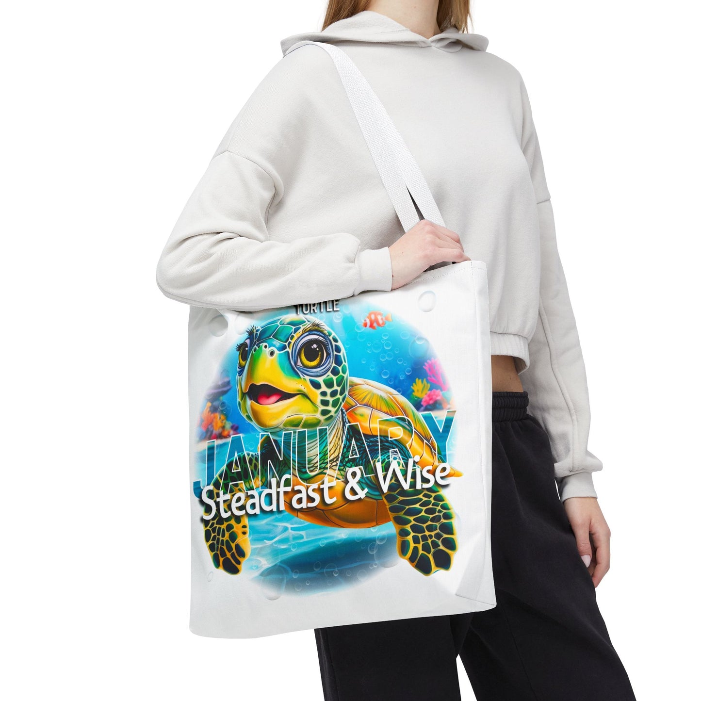 Kids birth month beach tote bag with colorful January turtle design and wise theme
