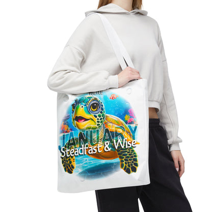 Kids birth month beach tote bag with colorful January turtle design and wise theme
