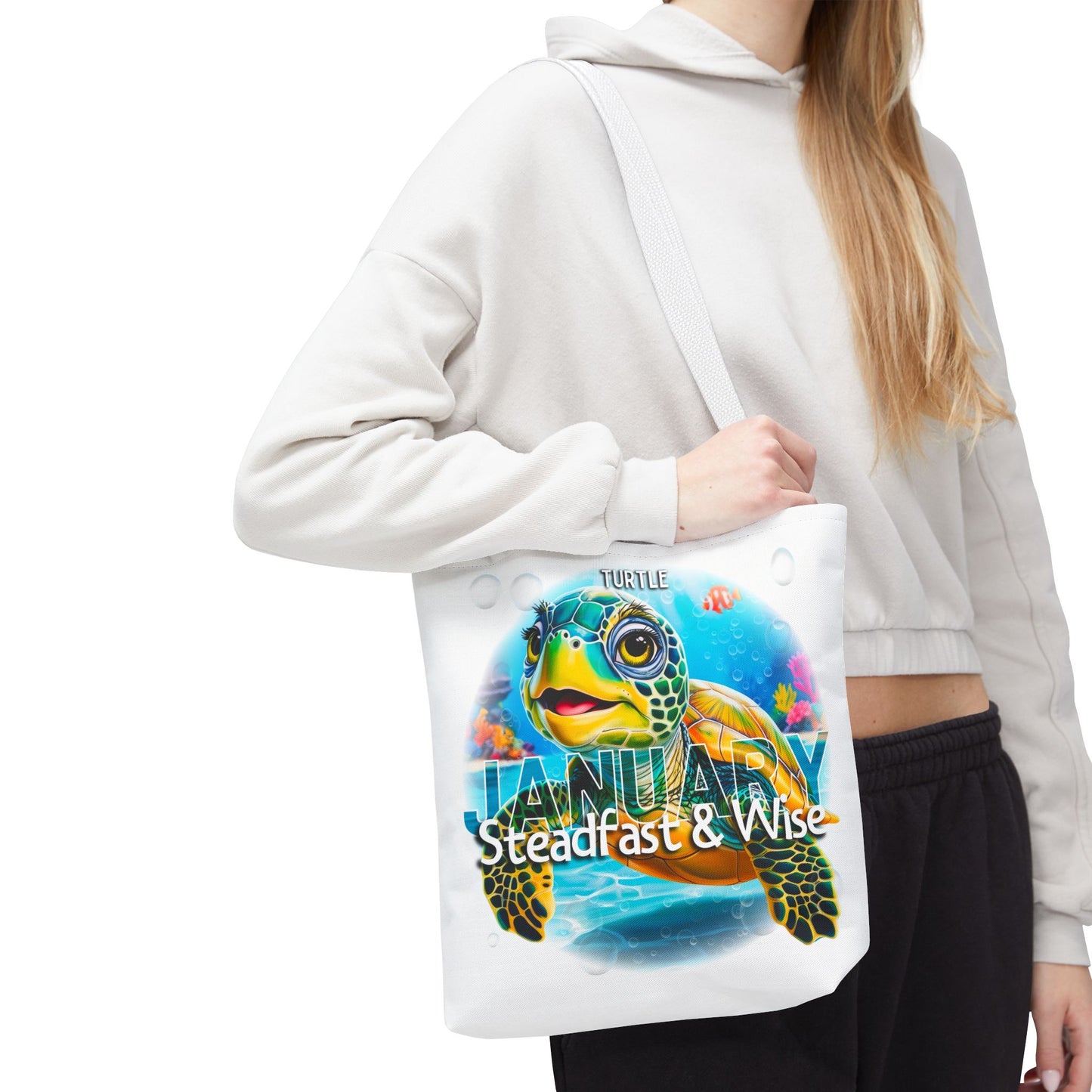 Kids birth month beach tote bag with colorful turtle design for January month