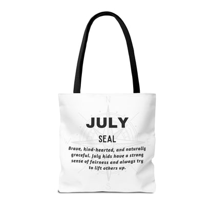 Kids birth month beach tote bag July design with Seal zodiac traits and black handles