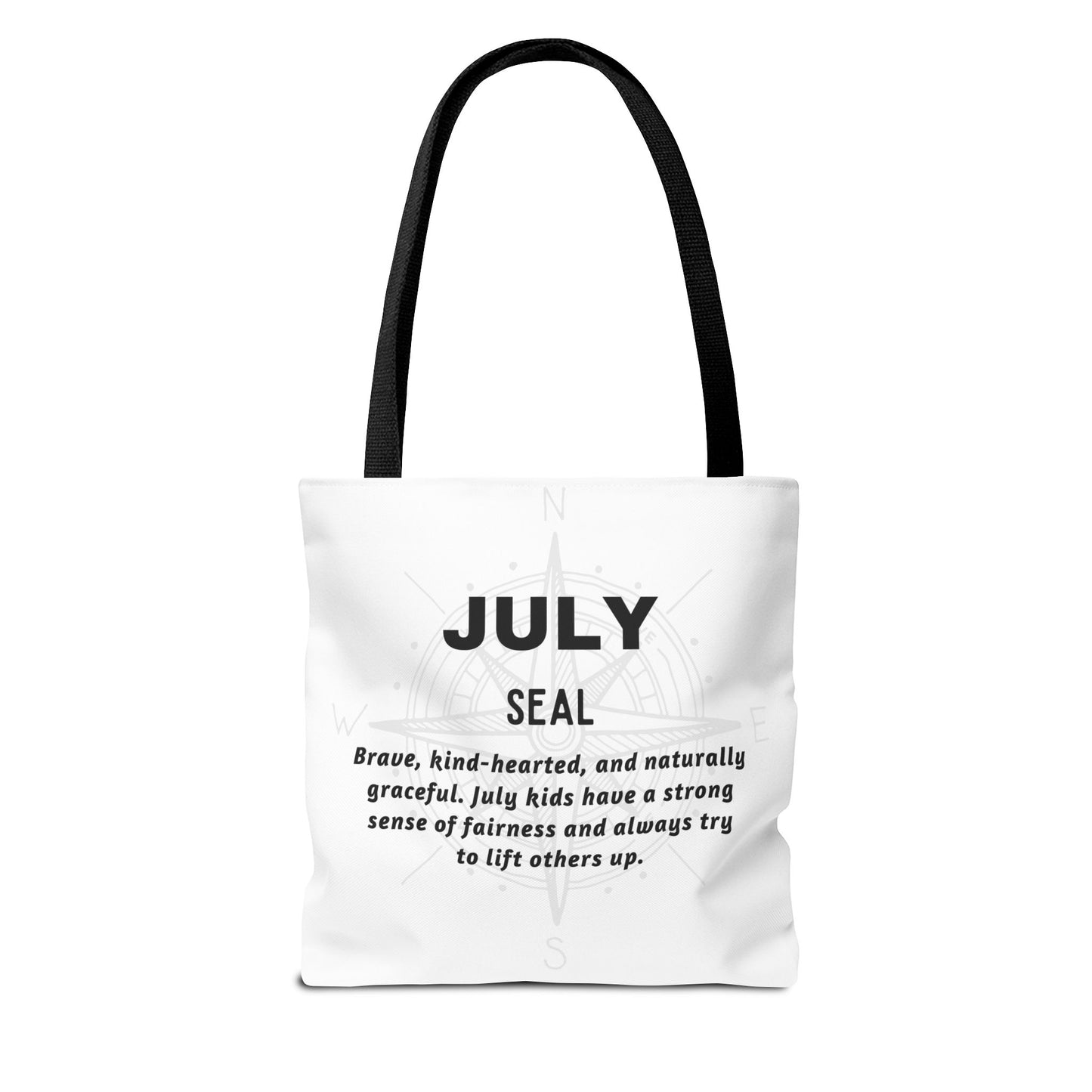 Kids birth month beach tote bag for July with Seal zodiac traits and black handles