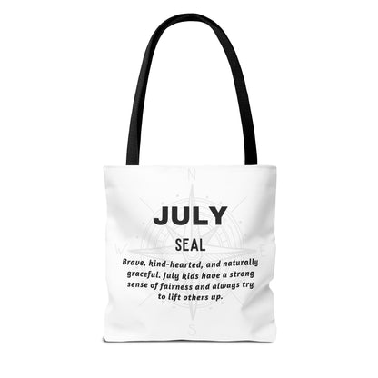 Kids birth month beach tote bag for July with Seal zodiac traits and black handles