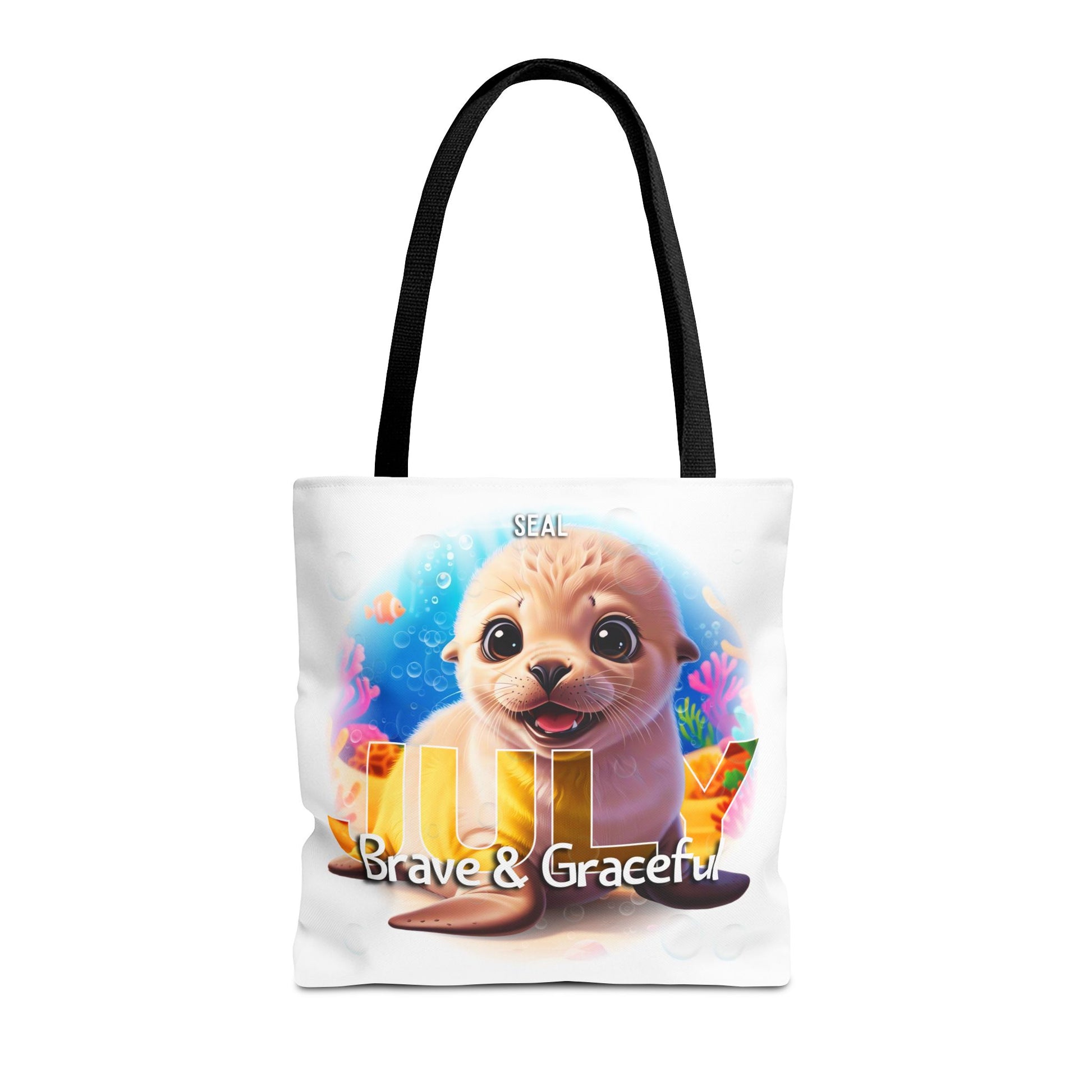 Kids birth month beach tote bag with cute seal design and July Brave and Graceful text