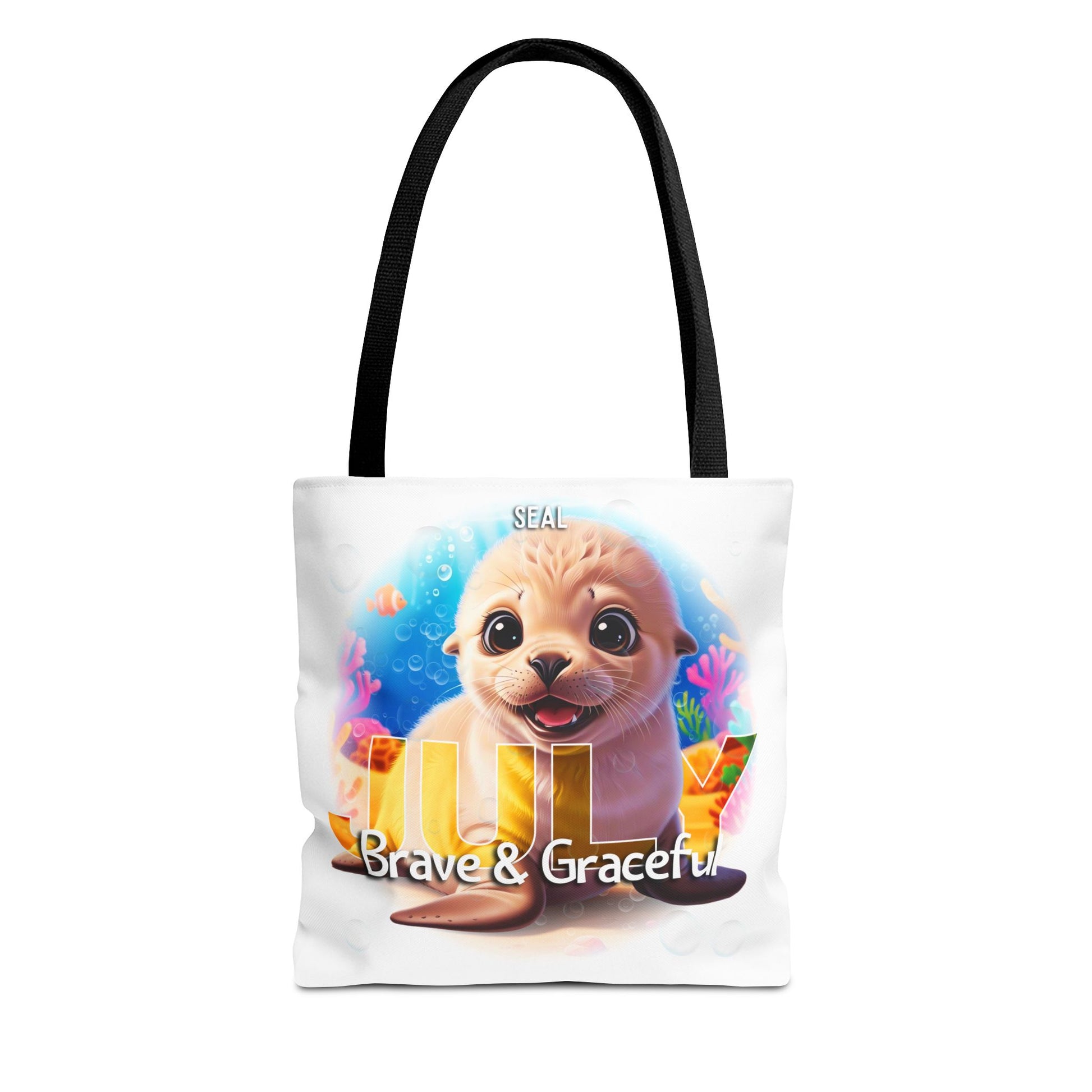 Kids birth month beach tote bag featuring a cute seal illustration with July text