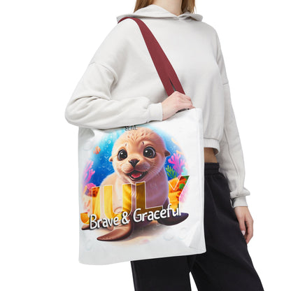 Kids birth month beach tote bag with cute seal and July design carried by woman