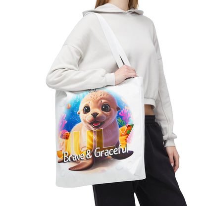 Kids birth month beach tote bag with cute seal illustration for July