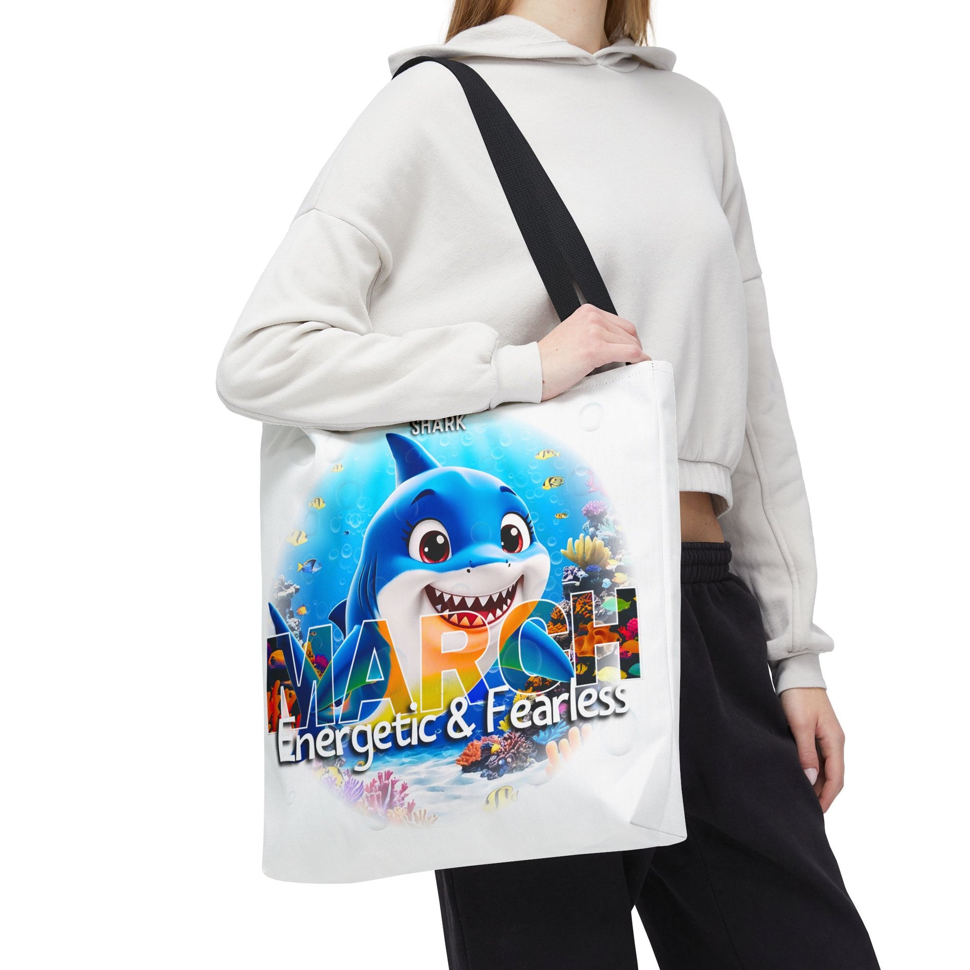 Kids birth month beach tote bag with March design featuring energetic and fearless shark print