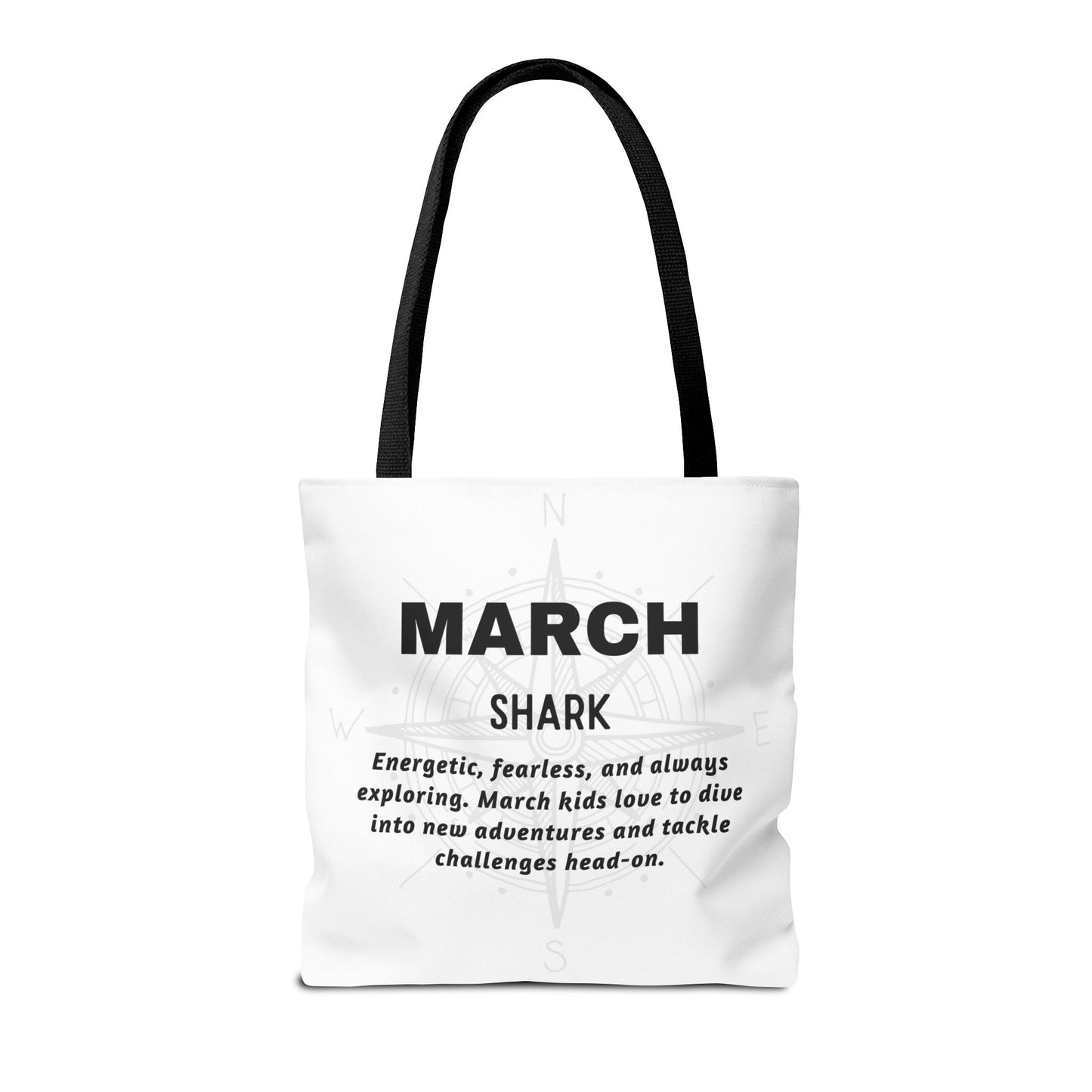 Kids birth month beach tote bag with March shark design and inspirational text