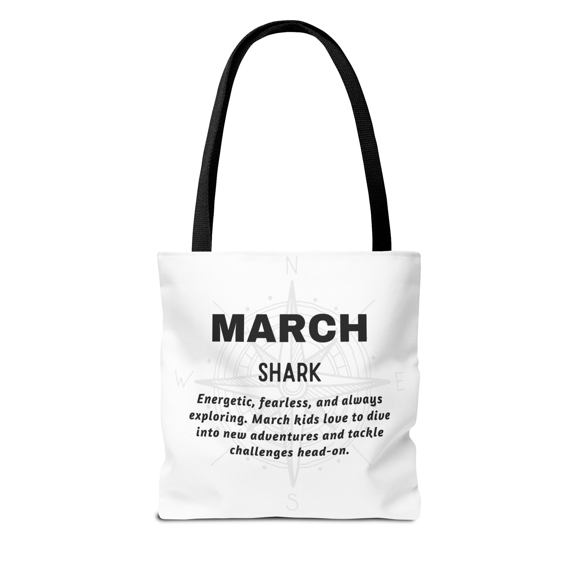 Kids birth month beach tote bag with March shark design and motivational text