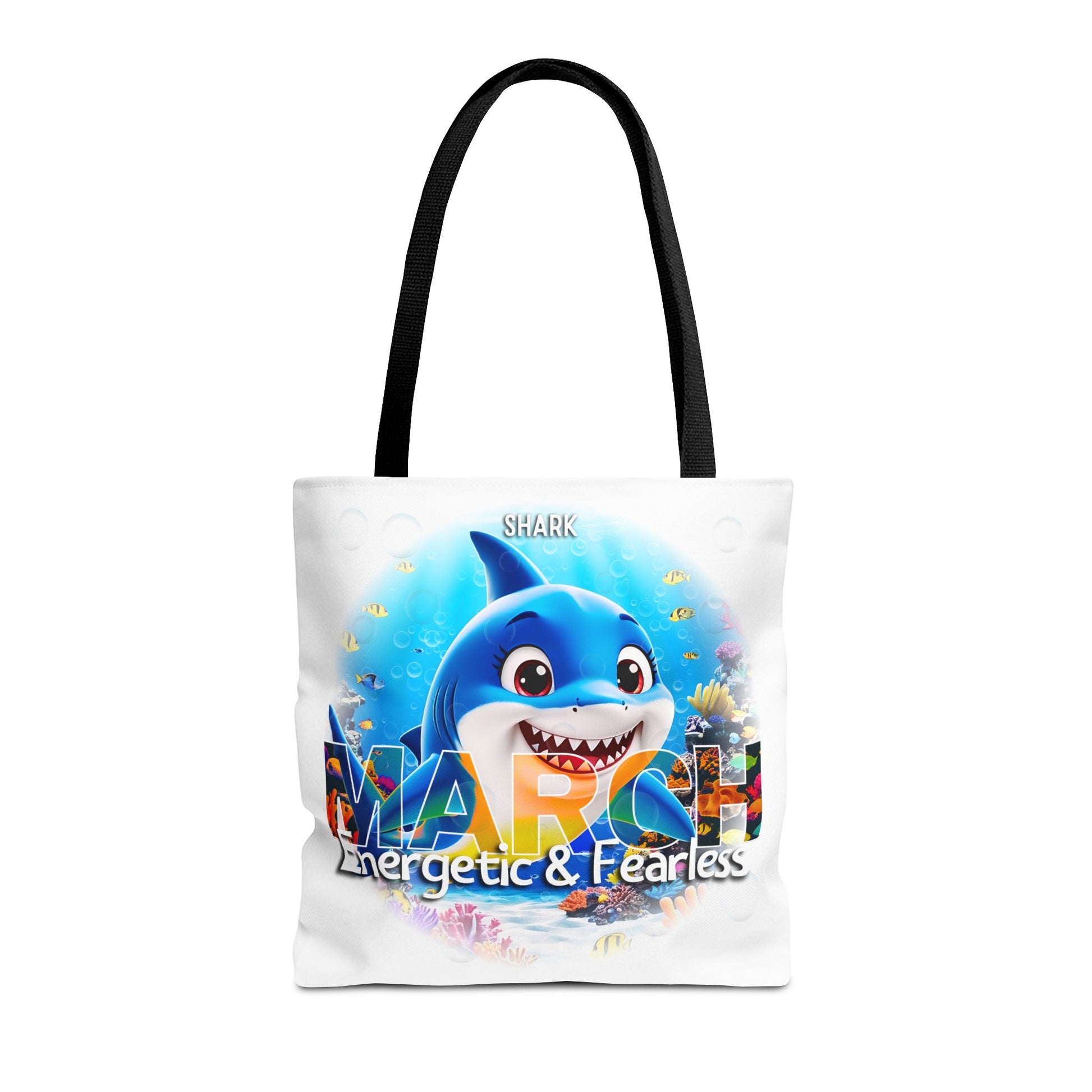 Kids birth month beach tote bag with energetic March shark design and black handles