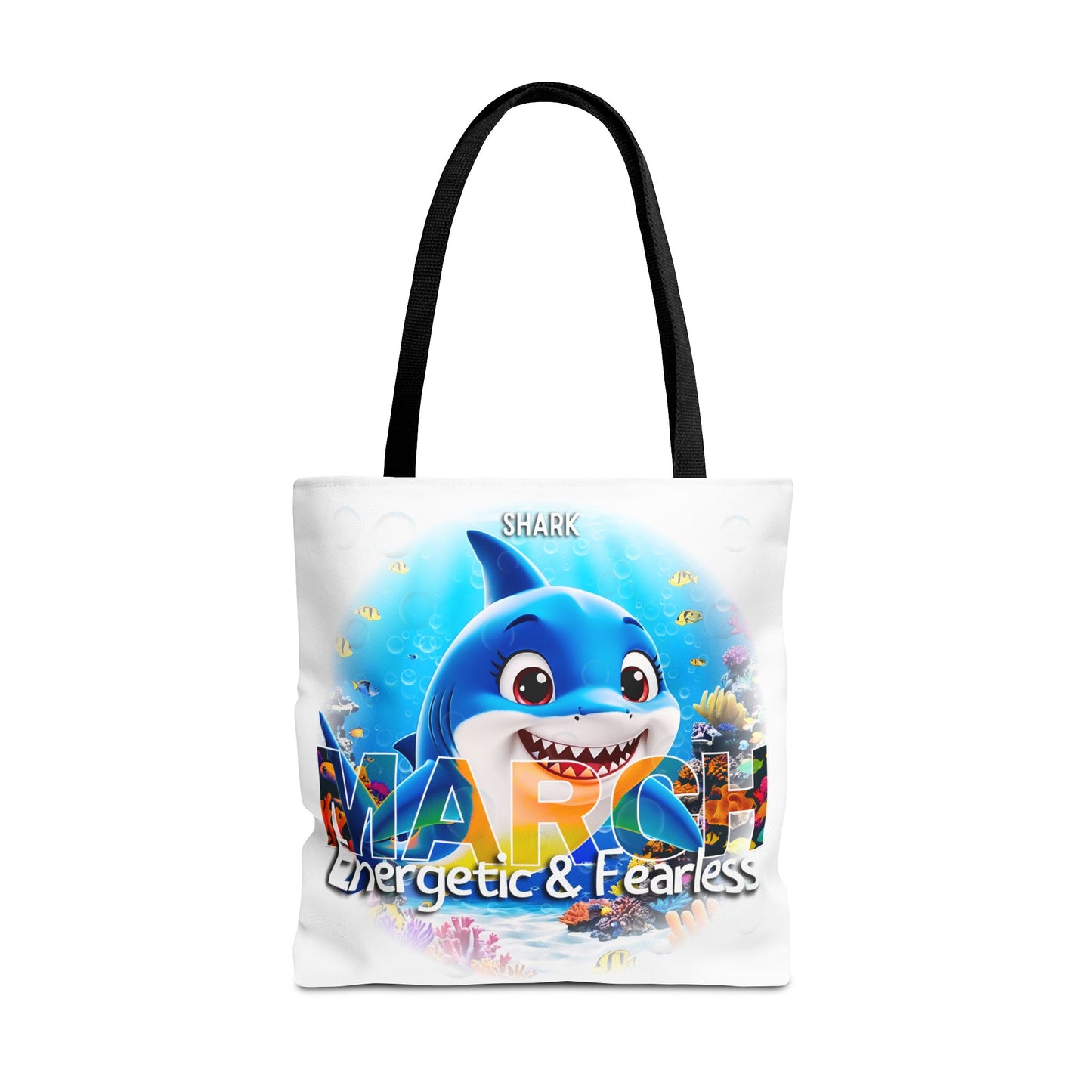 Kids birth month beach tote bag with March shark design energetic and fearless