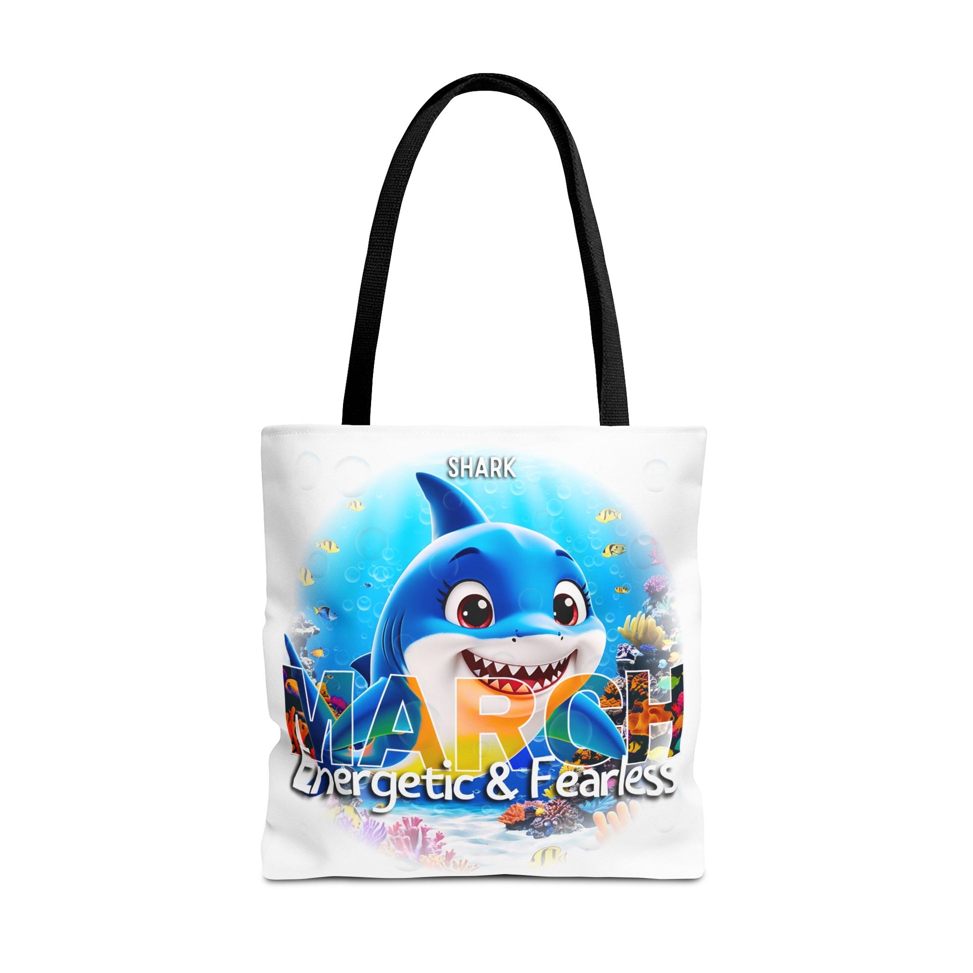 Kids birth month beach tote bag with March shark design energetic and fearless