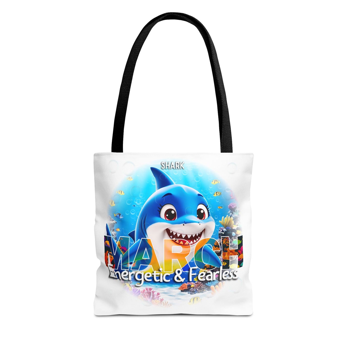 Kids birth month beach tote bag featuring March shark design with colorful underwater theme