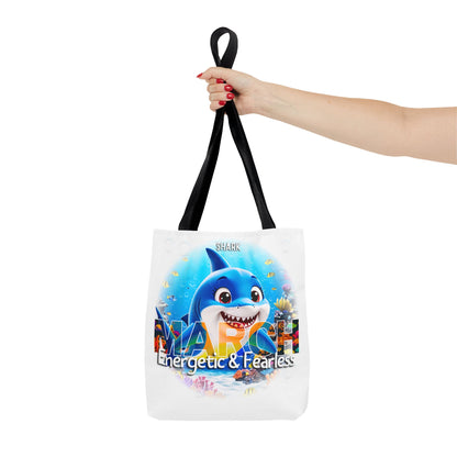 Kids birth month beach tote bag with blue shark and March energetic fearless design