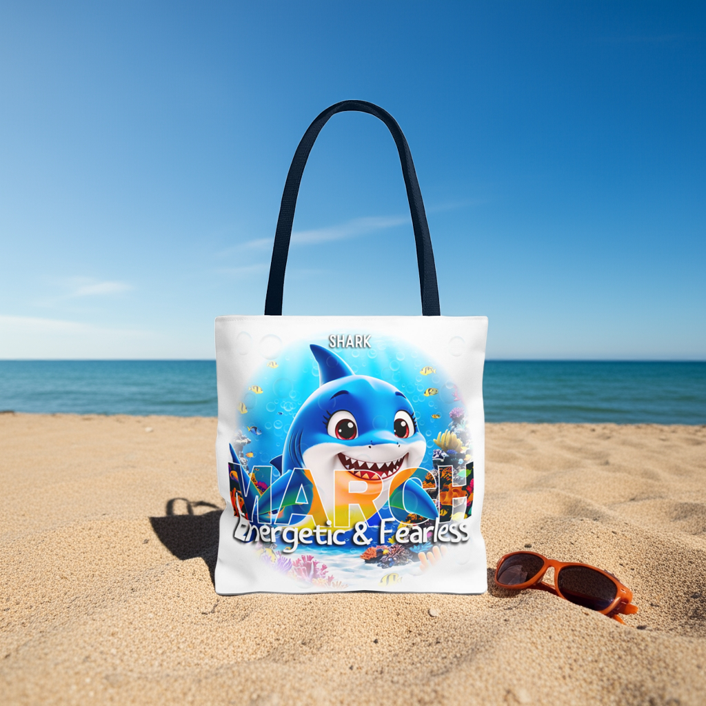 Kids birth month beach tote bag with colorful March shark design on sandy beach