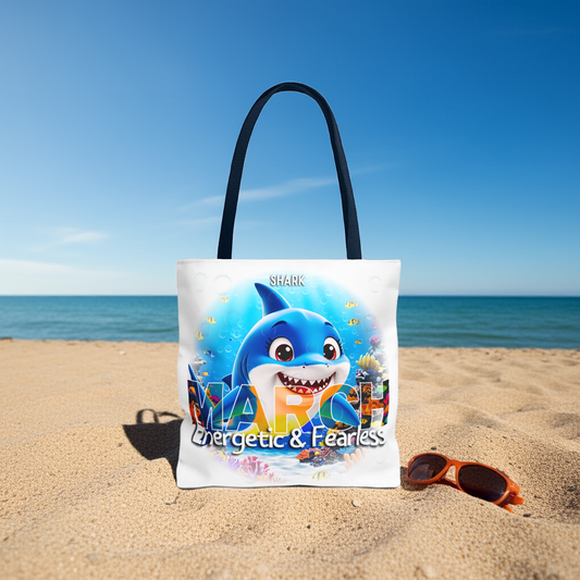 Kids birth month beach tote bag with colorful March shark design on sandy beach