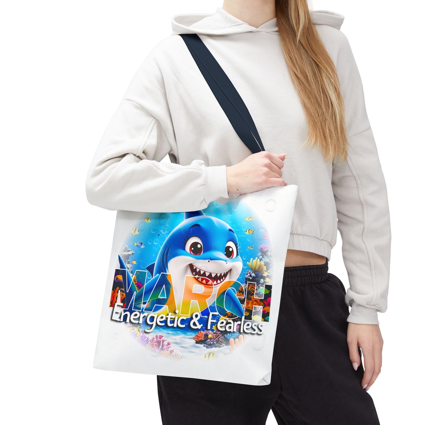 Kids birth month beach tote bag with March design featuring energetic shark graphic