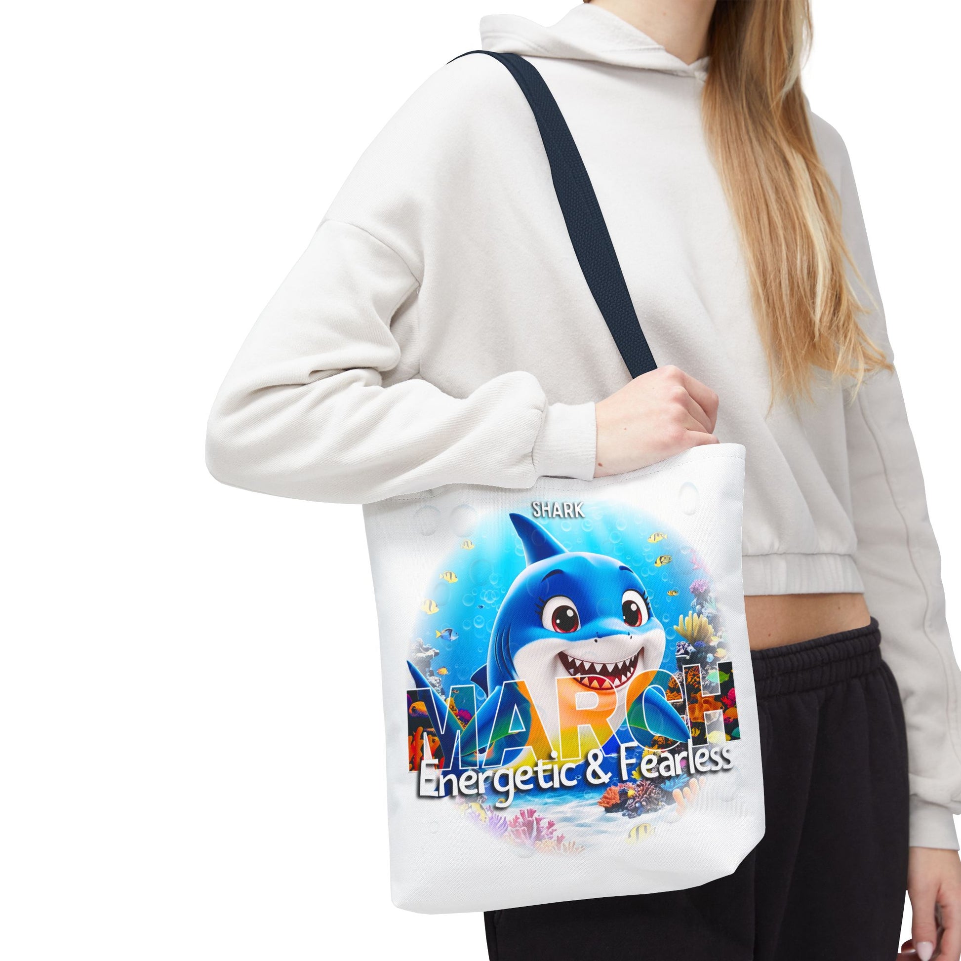 Kids birth month beach tote bag with colorful March shark design and energetic fearless text