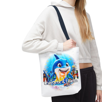 Kids birth month beach tote bag with colorful March shark design and energetic fearless text