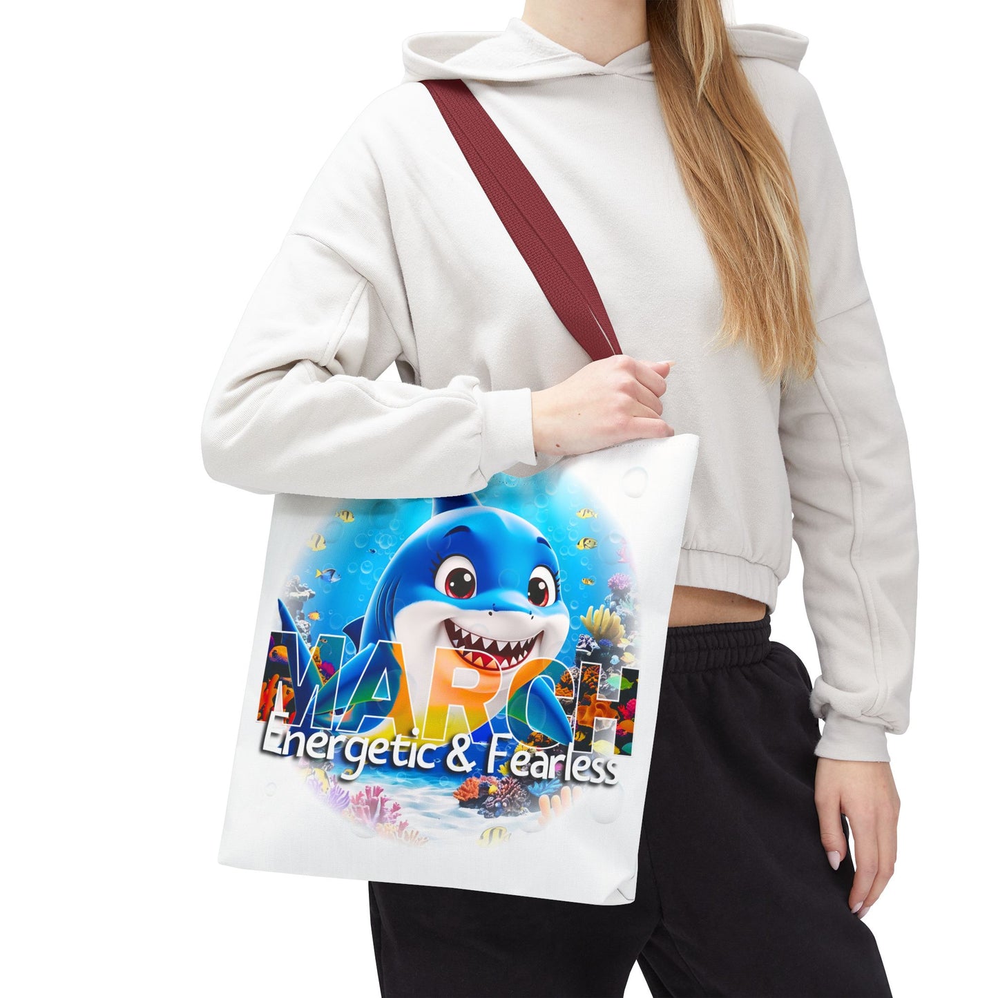 Kids birth month beach tote bag with colorful March shark design and bold text