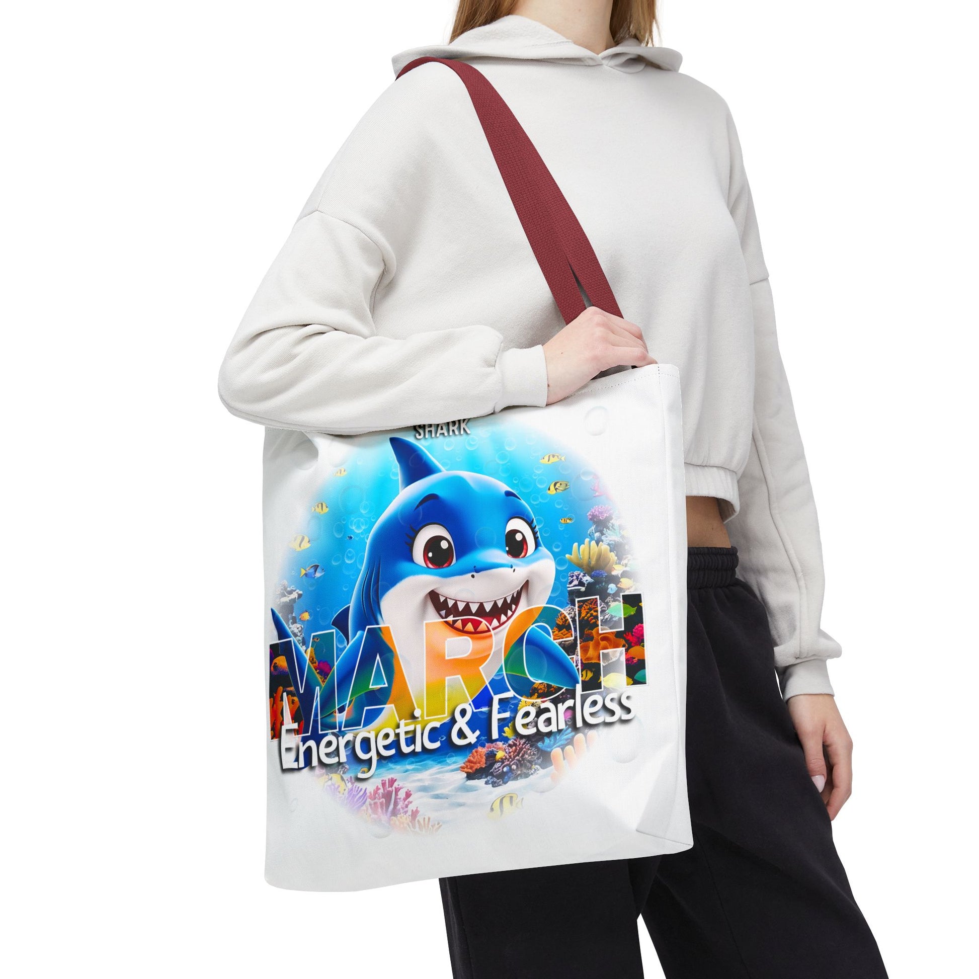 Kids birth month beach tote bag with March design featuring energetic and fearless shark