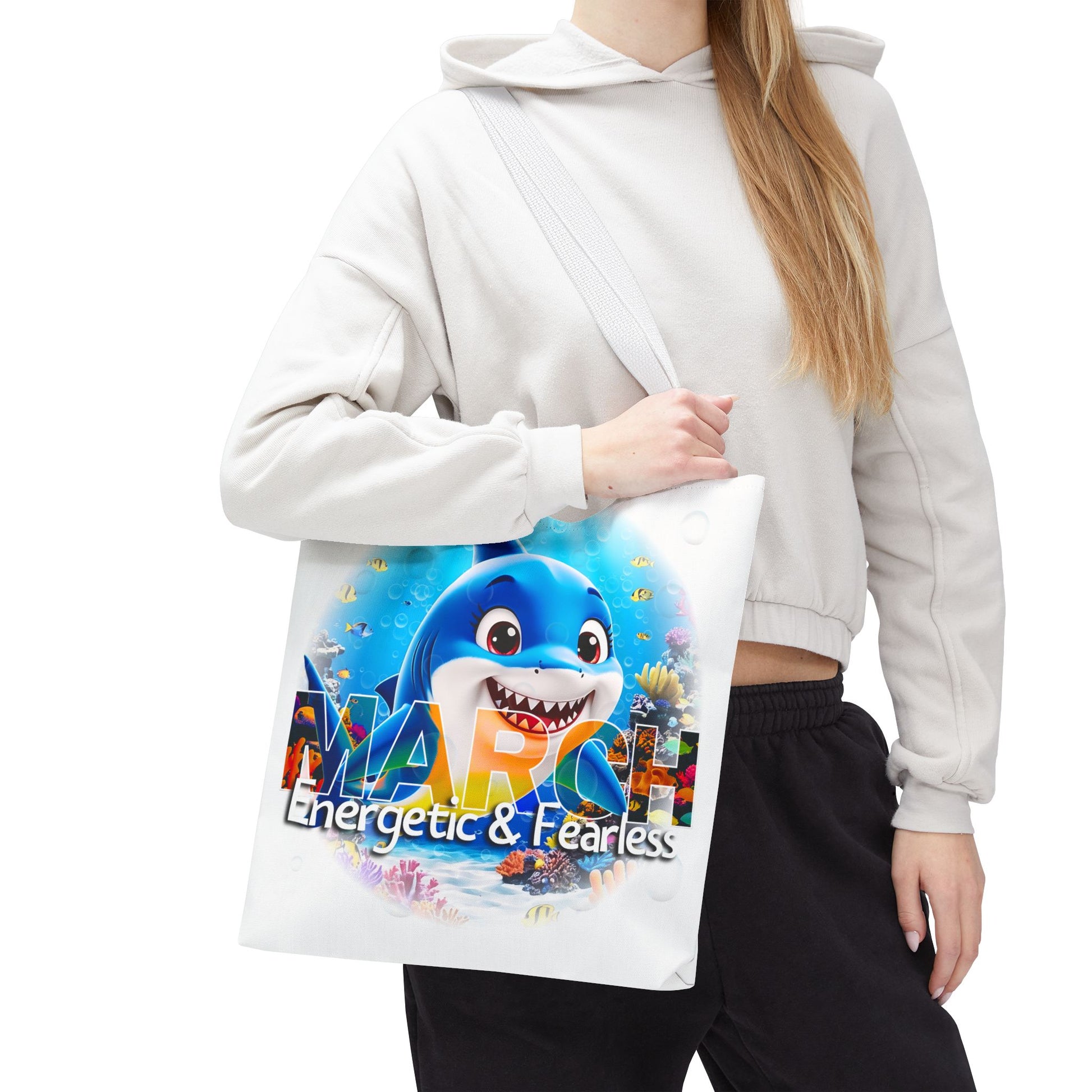 Kids birth month beach tote bag with March design featuring energetic blue shark