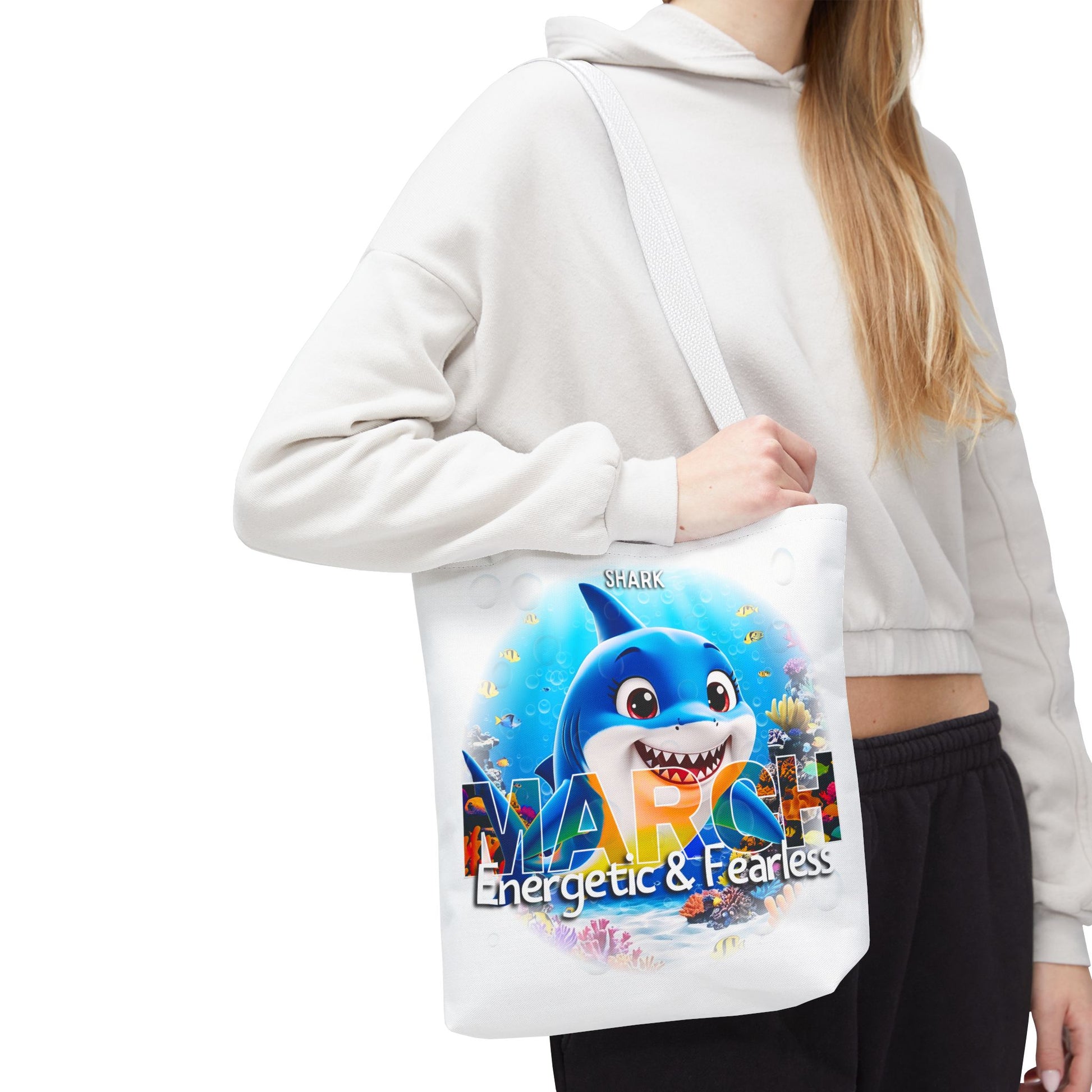 Kids birth month beach tote bag with colorful energetic and fearless March shark design