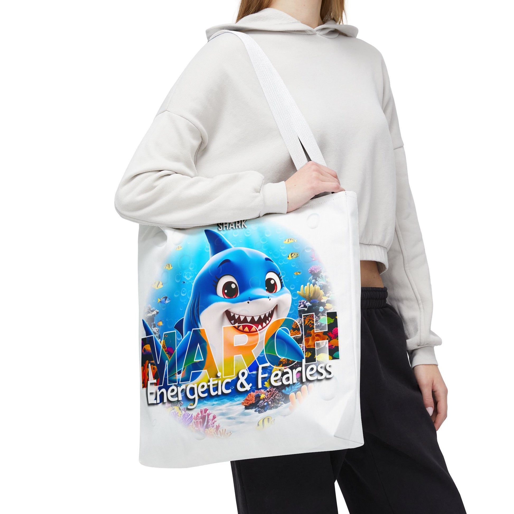 Kids birth month beach tote bag with March energetic and fearless shark design