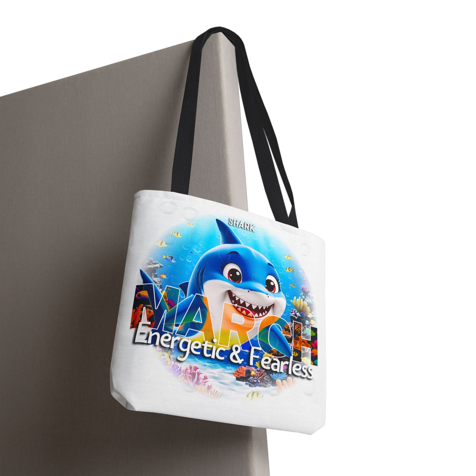 Kids birth month beach tote bag with March shark design and energetic fearless text