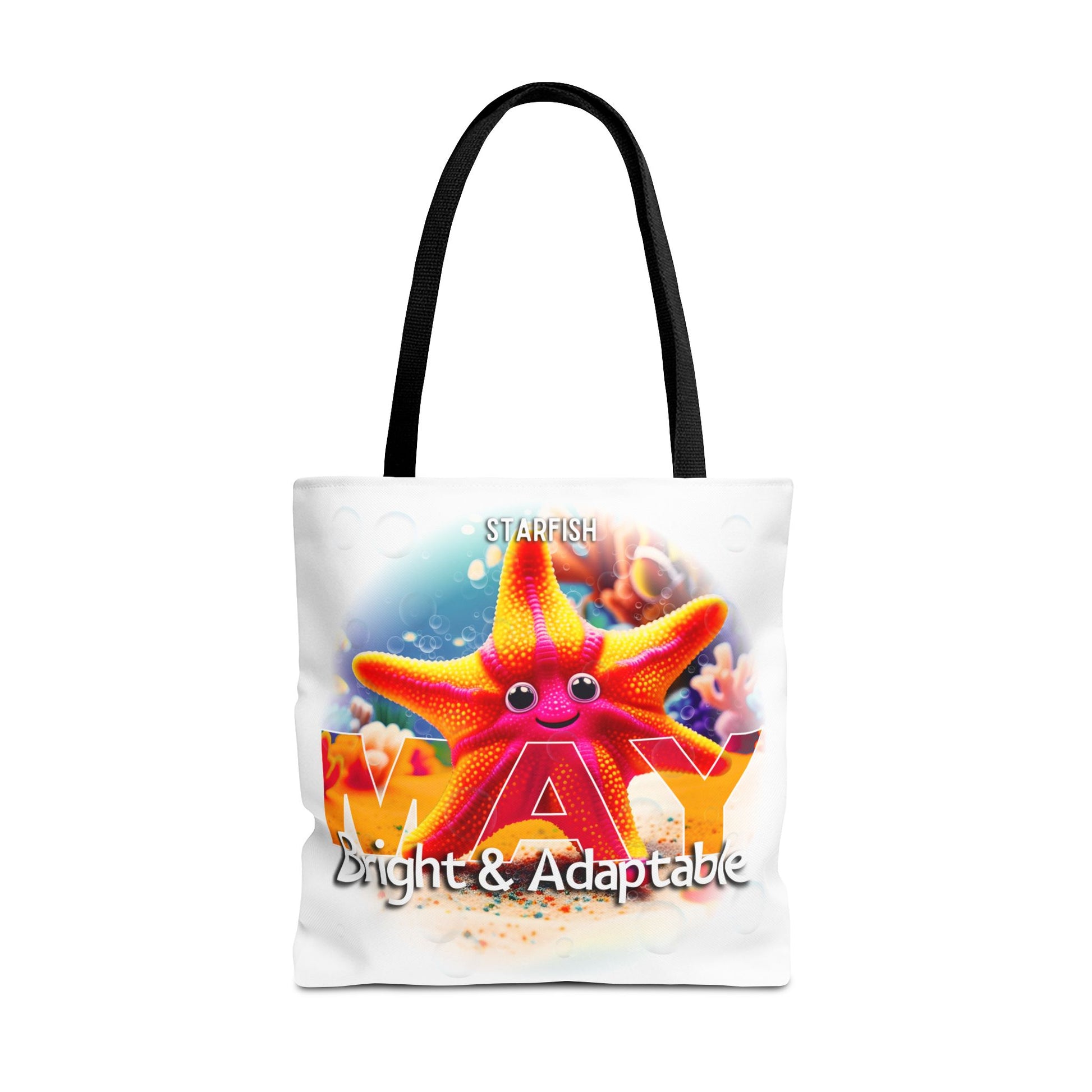Kids birth month beach tote bag with bright starfish design for May